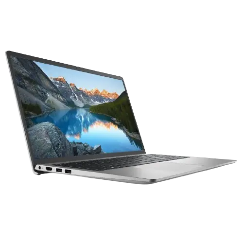 silver laptop computer with a lake wallpaper on screen